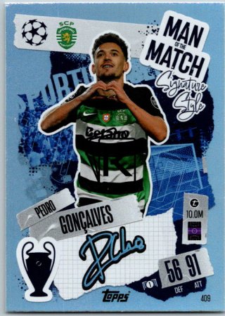 fotbalová kartička 2024-25 Topps Match Attax UEFA Club Competitions Man of the Match Signature Style 409 Pedro Gonçalves (Sporting Clube de Portugal)