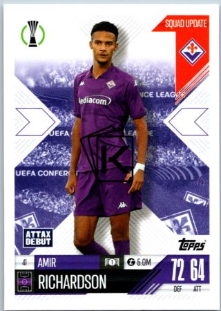 Fotbalová kartička 2024-25 Topps Match Attax EXTRA UEFA Club Competitions Squad Update 41.  Amir Richardson (ACF Fiorentina)