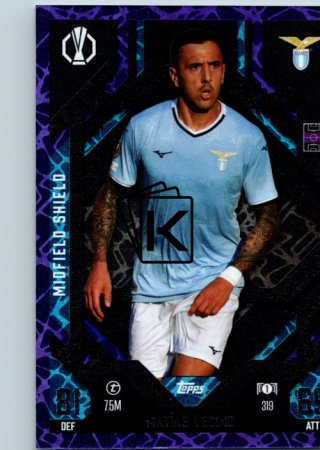 Fotbalová kartička 2024-25 Topps Match Attax EXTRA UEFA Club Competitions Midfield Shield 319.  Matías Vecino (SS Lazio) Purple Parallel