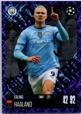 Fotbalová kartička 2024-25 Topps Match Attax EXTRA UEFA Club Competitions Hat Trick Hero  325.  Erling Haaland (Manchester City) Purple parallel