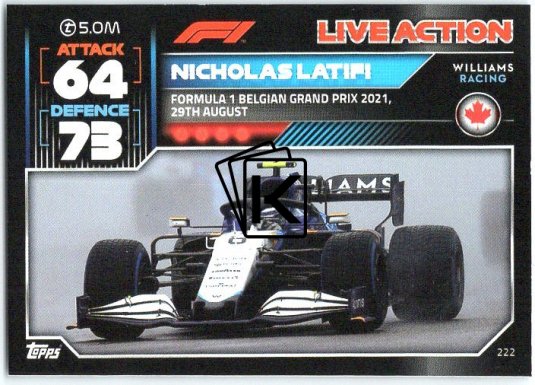 2022 Topps Formule 1Turbo Attax F1 Live Action 2021 222  Nicholas Latifi (Williams)