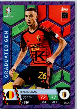 fotbalová karta Topps Match Attax EURO 2024 Purple Sapphire Holograph Graduated Gems BEL 6.  Zeno Debast (Belgium)