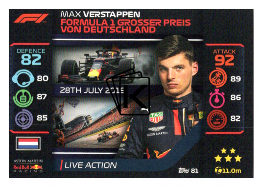 2020 Topps Formule 1 Turbo Attax 81 Live Action Max Verstappen Aston Martin Red Bull Racing