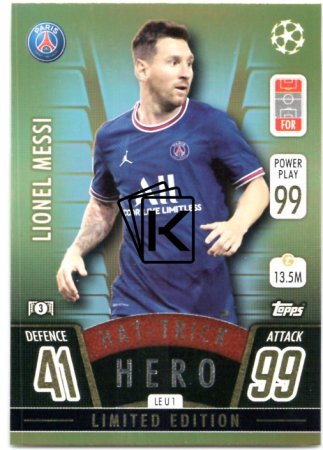 fotbalová kartička 2021-22 Topps Match Attax UEFA Champions League Update Limited Edition Hat-Trick Hero LE U1 Lionel Messi PSG
