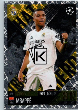 Fotbalová kartička 2024-25 Topps Match Attax EXTRA UEFA Club Competitions Hat Trick Hero 328 Kyllian Mbappé (Real Madrid CF)