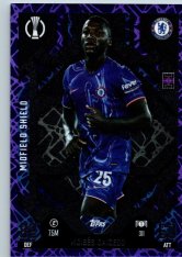 Fotbalová kartička 2024-25 Topps Match Attax EXTRA UEFA Club Competitions Midfield Shield 311.  Moisés Caicedo (Chelsea) Purple Parallel