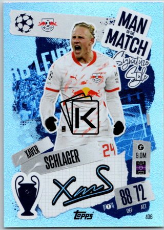 fotbalová kartička 2024-25 Topps Match Attax UEFA Club Competitions Man of the Match Signature Style 406 Xaver Schlager (RB Leipzig)