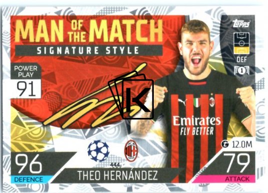 Fotbalová kartička 2022-23 Topps Match Attax UCL Man of The Match Siganture Style 444 Theo Hernandez - AC Milan