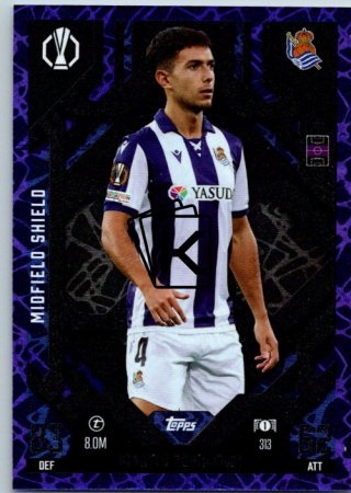 Fotbalová kartička 2024-25 Topps Match Attax EXTRA UEFA Club Competitions Midfield Shield 313.  Martín Zubimendi (Real Sociedad de Fútbol) Purple Parallel
