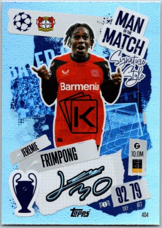 fotbalová kartička 2024-25 Topps Match Attax UEFA Club Competitions Man of the Match Signature Style 404 Jeremie Frimpong (Bayer 04 Leverkusen)