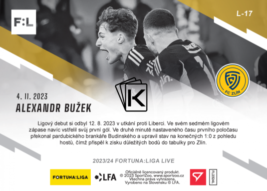 fotbalová kartička 2023-24 SportZoo Fortuna Liga Live  L-17 Alexandr Bužek FC Zlín RC /46