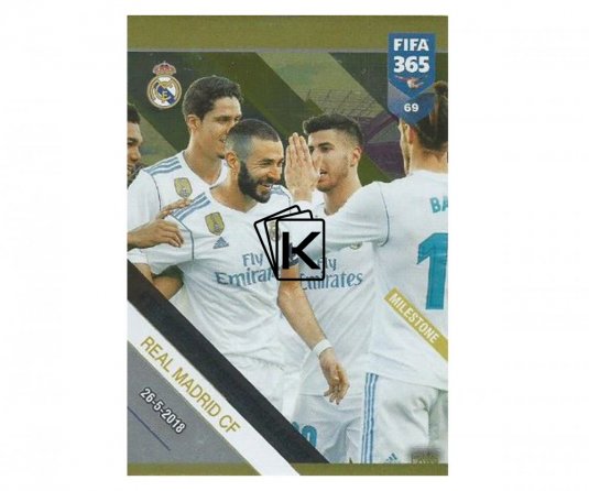 Fotbalová kartička Panini FIFA 365 – 2019 Fans 69 Real Madrid CF Milestone