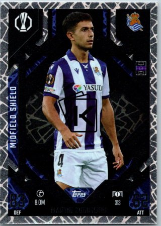 Fotbalová kartička 2024-25 Topps Match Attax EXTRA UEFA Club Competitions Midfield Shield 313 Martín Zubimendi (Real Sociedad de Fútbol)