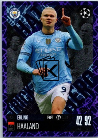 Fotbalová kartička 2024-25 Topps Match Attax EXTRA UEFA Club Competitions Hat Trick Hero  325.  Erling Haaland (Manchester City) Purple parallel