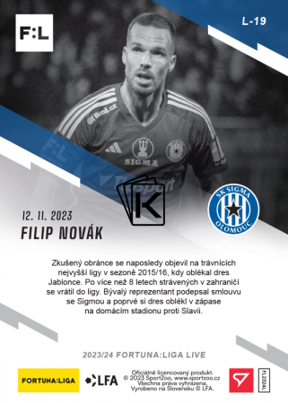 fotbalová kartička 2023-24 SportZoo Fortuna Liga Live  L-19 Filip Novák SK Sigma Olomouc /55